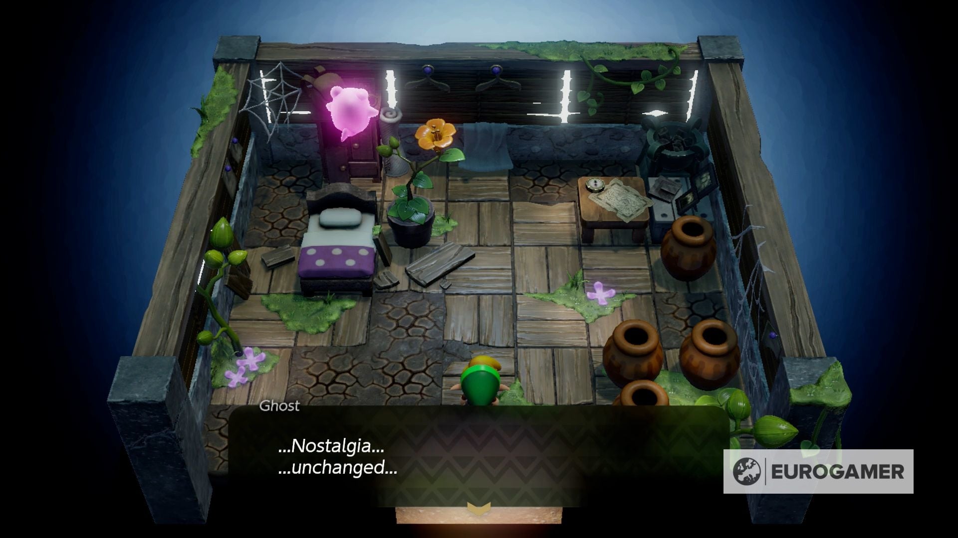 Zelda Link's Awakening Pink Ghost house and grave with flowers